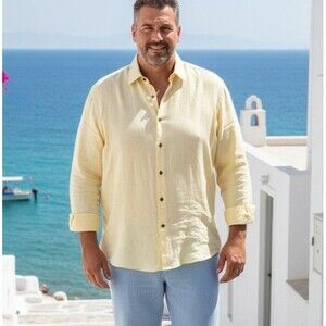 Leonardo Valenti Size 4XL Linen Shirt Made In Italy Long Sleeve Yellow Coastal